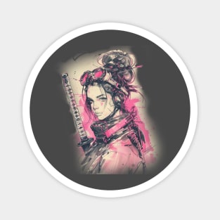 Samurai Girl Pink Cyber Sketch Art Magnet